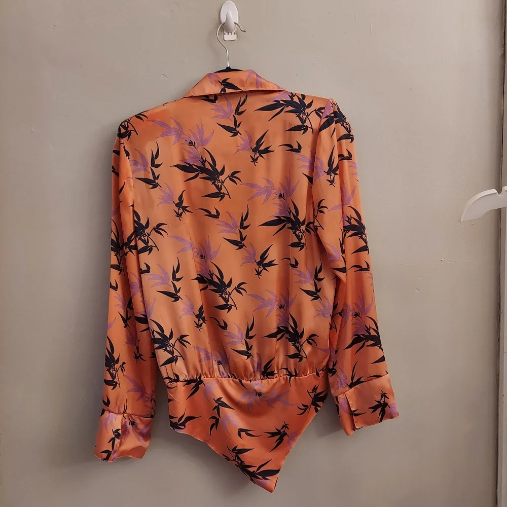 ZARA Orange Floral Long Sleeve Silky Feel Bodysuit M - Picture 10 of 16